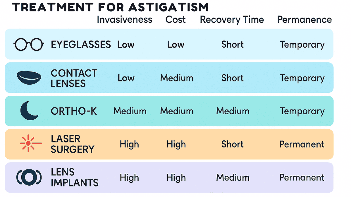 Comparison chart of astigmatism treatments showing invasiveness, cost, recovery time, and permanence for five methods.