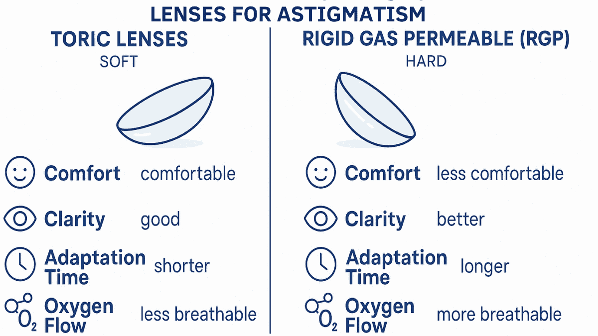 Comparison infographic of toric soft lenses and rigid gas permeable lenses for astigmatism treatment.