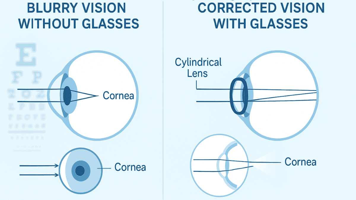 Visual representation of how glasses with cylindrical lenses correct distorted vision caused by astigmatism.