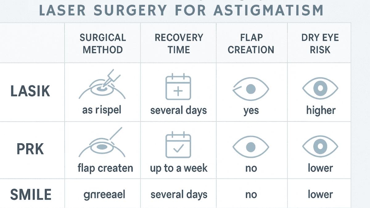 Comparison of LASIK, PRK, and SMILE procedures for treating astigmatism with icons and healing timelines.