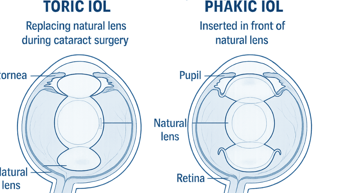 Medical illustration comparing Toric IOL and Phakic IOL placements in the eye for severe astigmatism correction.