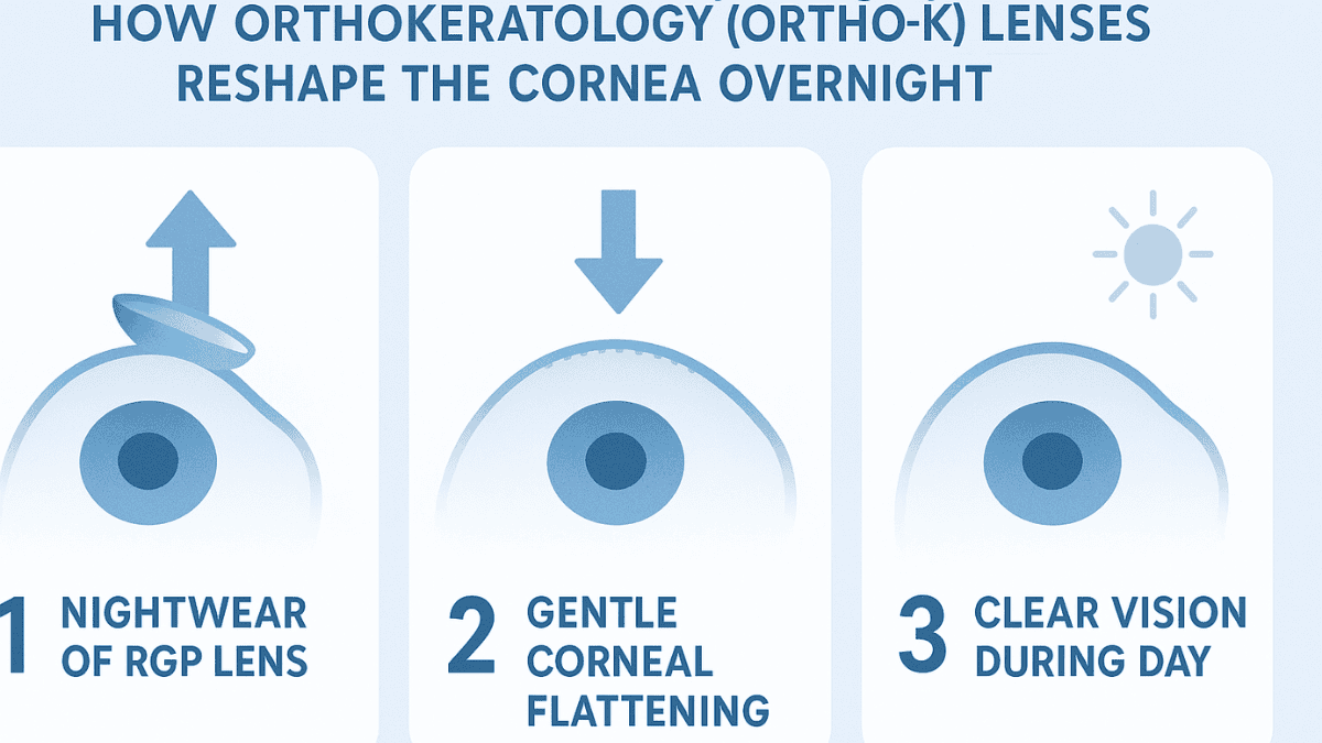 Step-by-step diagram showing how Ortho-K lenses reshape the cornea to improve vision in astigmatism.