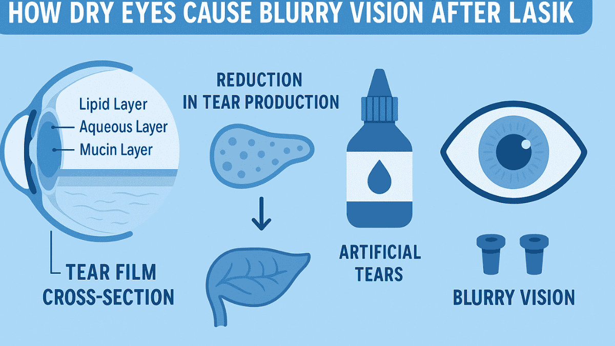 Infographic showing tear film disruption and dry eye treatment methods after LASIK surgery.