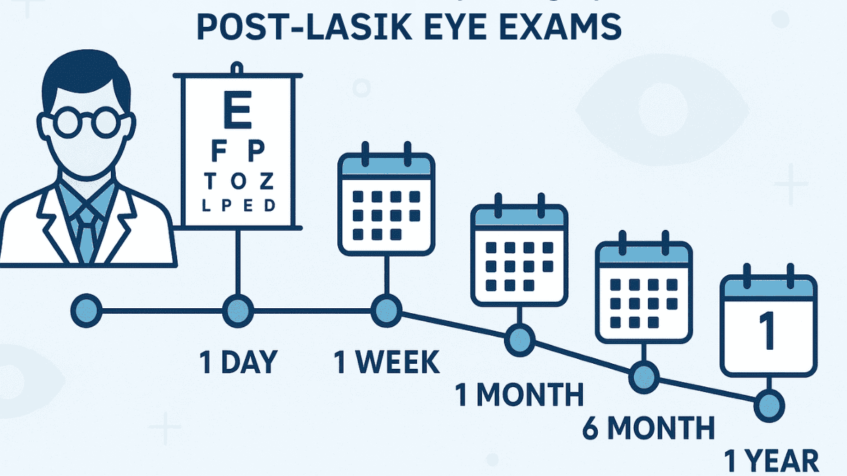 Visual timeline of recommended eye exams after LASIK surgery.