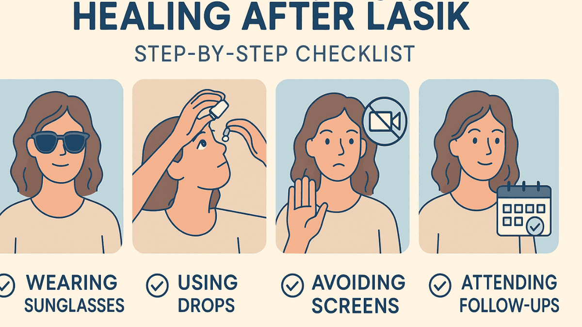 Checklist infographic of habits promoting proper healing after LASIK surgery.