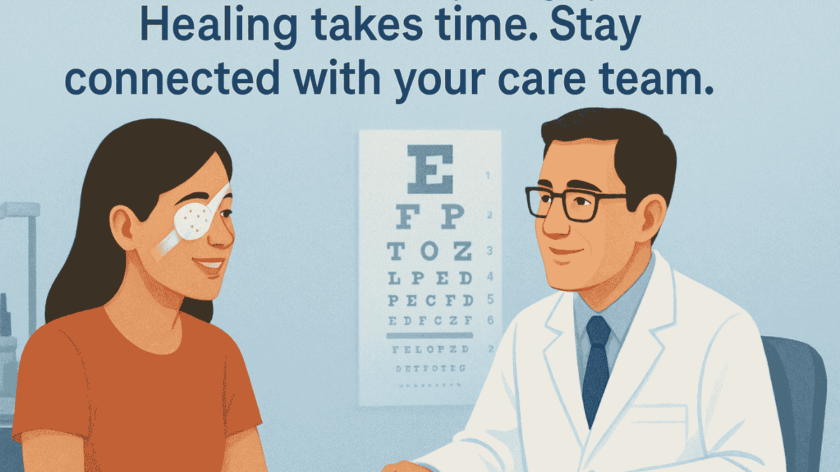 Illustration of LASIK patient consulting with their eye doctor during follow-up.