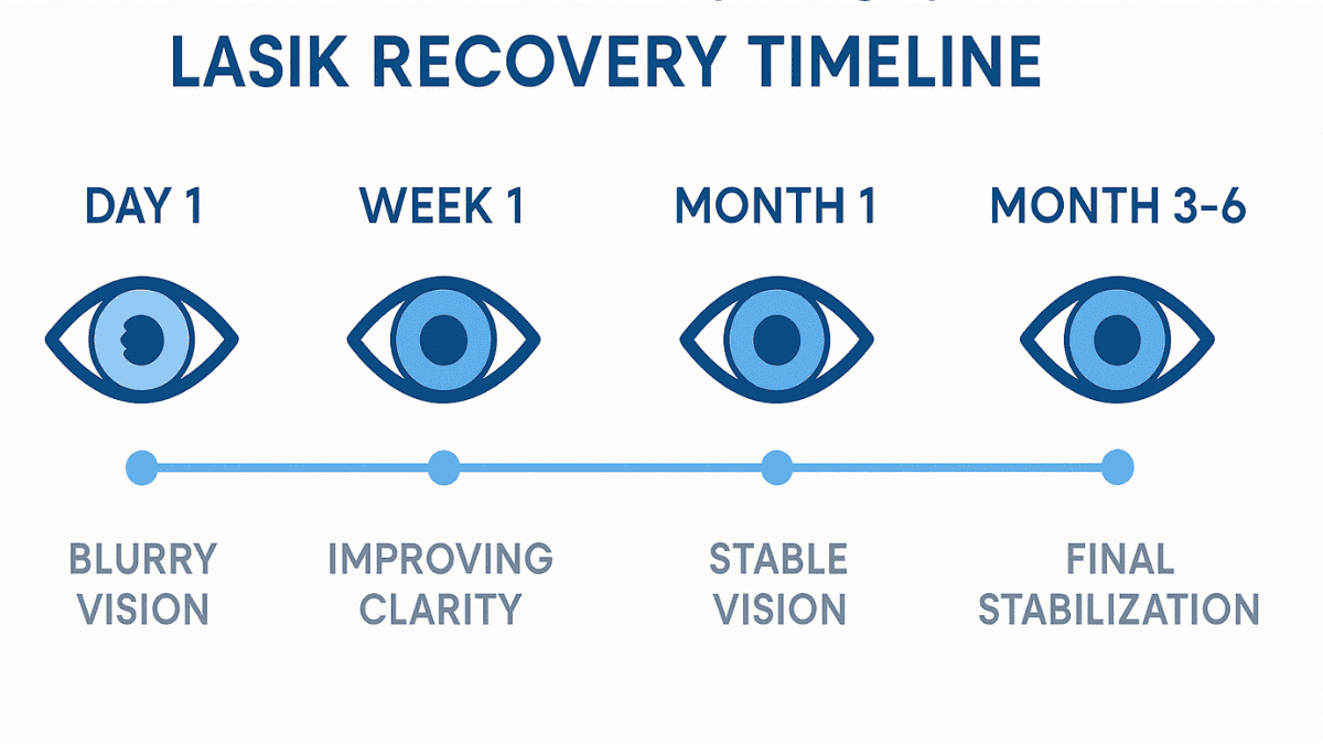 A timeline infographic illustrating visual recovery after LASIK, including common phases from Day 1 to Month 6.