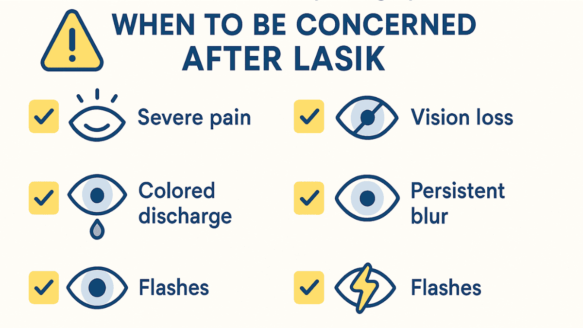 Infographic listing warning symptoms after LASIK that require medical attention.