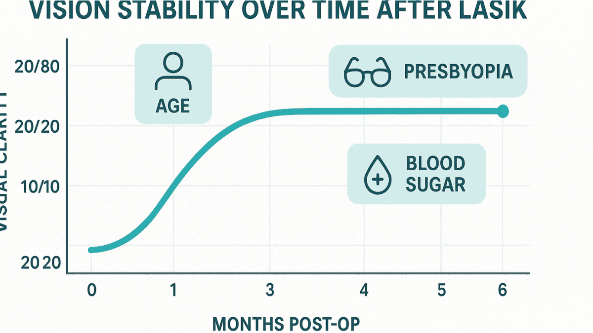Line graph showing visual acuity improvement over six months post-LASIK with variables affecting recovery.