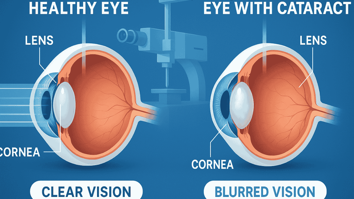 A split-screen comparison of a healthy eye and a cloudy lens caused by cataracts, with LASIK equipment in the background, illustrating the question: can you get cataracts after LASIK Surgery.