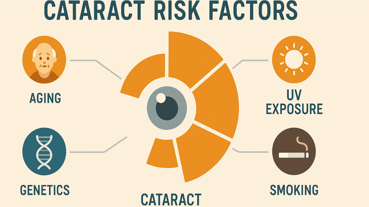 Infographic showing leading causes of cataracts such as aging, UV exposure, smoking, and diabetes.