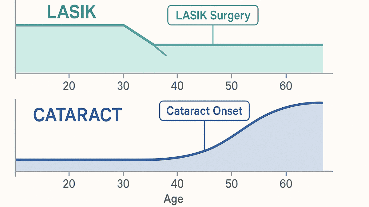 Timeline infographic showing that LASIK and cataract development follow separate, unrelated paths.