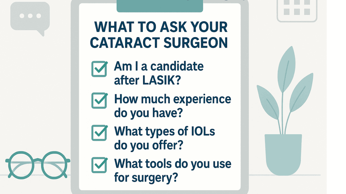 Checklist visual listing what post-LASIK patients should ask when selecting a cataract surgeon.