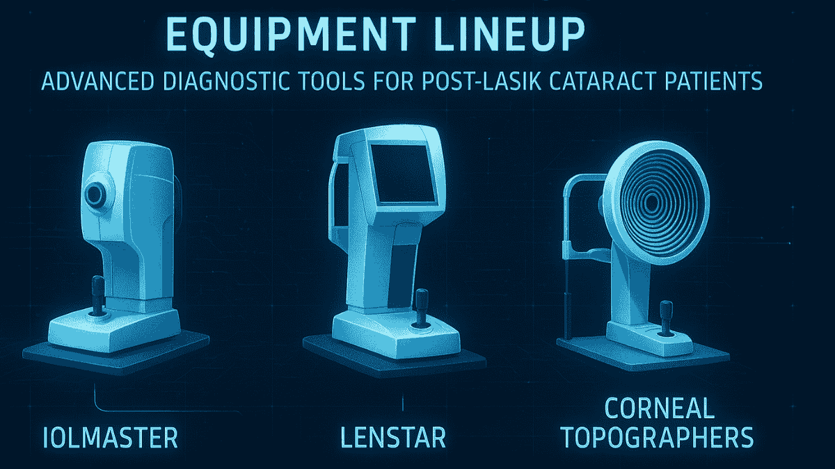 Visual showing advanced devices like IOLMaster and topographers used for precise IOL measurements post-LASIK.