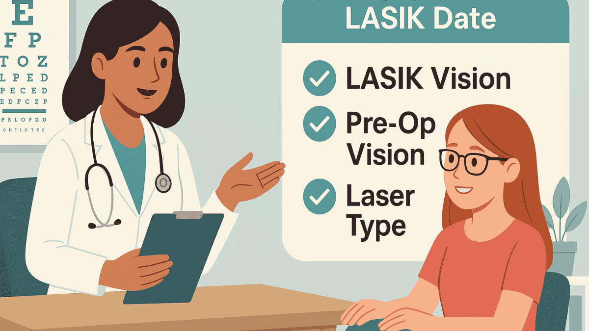 Illustration showing a patient discussing prior LASIK surgery with an eye doctor before cataract treatment.