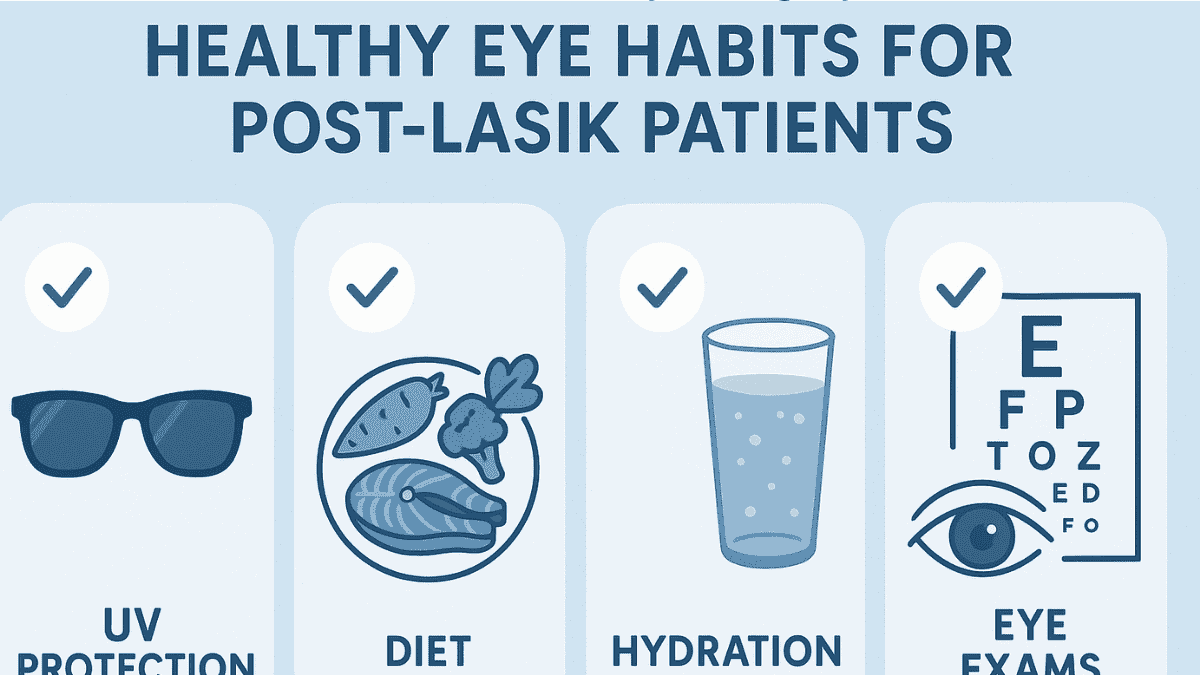 Infographic with eye care tips after LASIK such as wearing sunglasses, eating healthy, and regular exams.