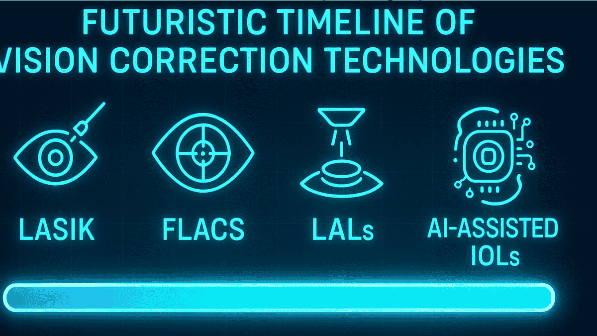 Timeline showing evolution of vision correction from LASIK to modern laser-assisted cataract procedures.
