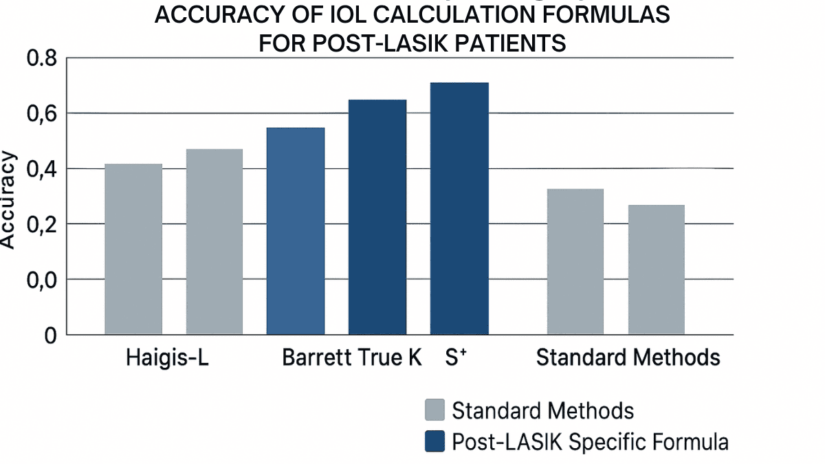 Bar graph comparing effectiveness of different IOL power formulas for post-LASIK cataract surgery.