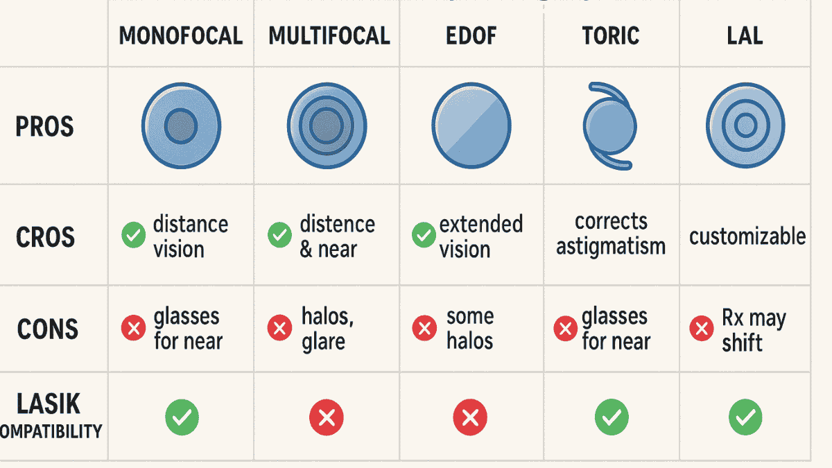 Comparison chart showing different intraocular lens options and their suitability for post-LASIK eyes.