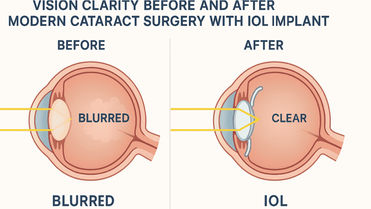 Before-and-after visual of how modern cataract surgery restores vision clarity with an artificial lens.