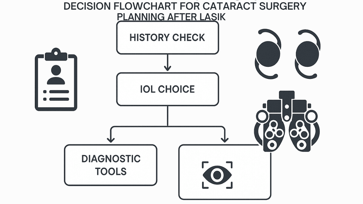 Flowchart showing steps for managing cataract surgery after previous LASIK procedure.