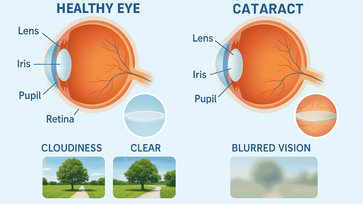 Side-by-side visual of a healthy lens and a cataract-affected cloudy lens, showing impact on vision clarity.