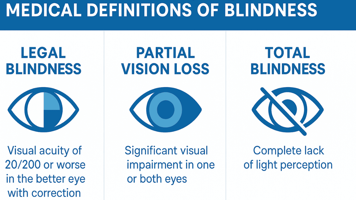 Visual comparison of legal blindness, partial blindness, and total blindness using labeled eye icons.