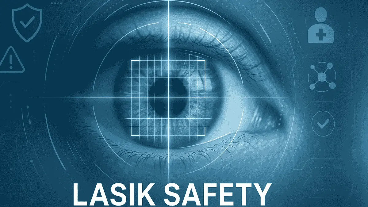 A close-up human eye under digital laser scan overlay, visualizing the concept of LASIK surgery safety evaluation. Can you go blind from lasik cover image.