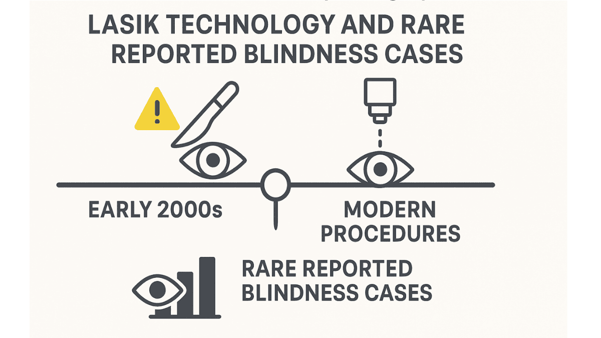 Timeline infographic of LASIK history highlighting technology improvements and rare early complications.