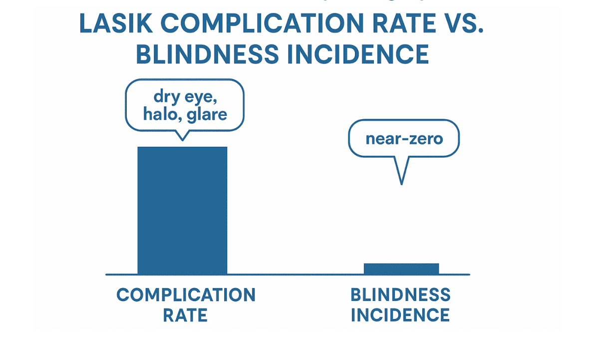 Comparison chart showing common LASIK complications versus extremely rare blindness cases.