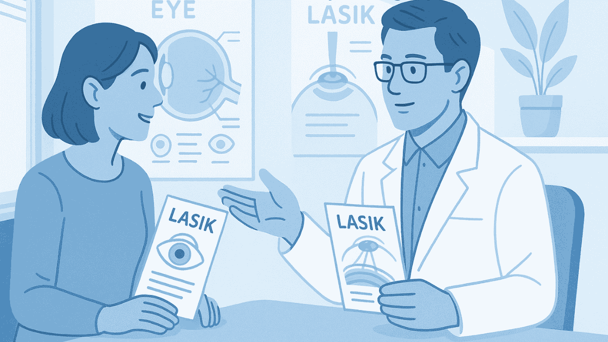 Doctor and patient in consultation room discussing LASIK, depicted with calm atmosphere and medical visuals.