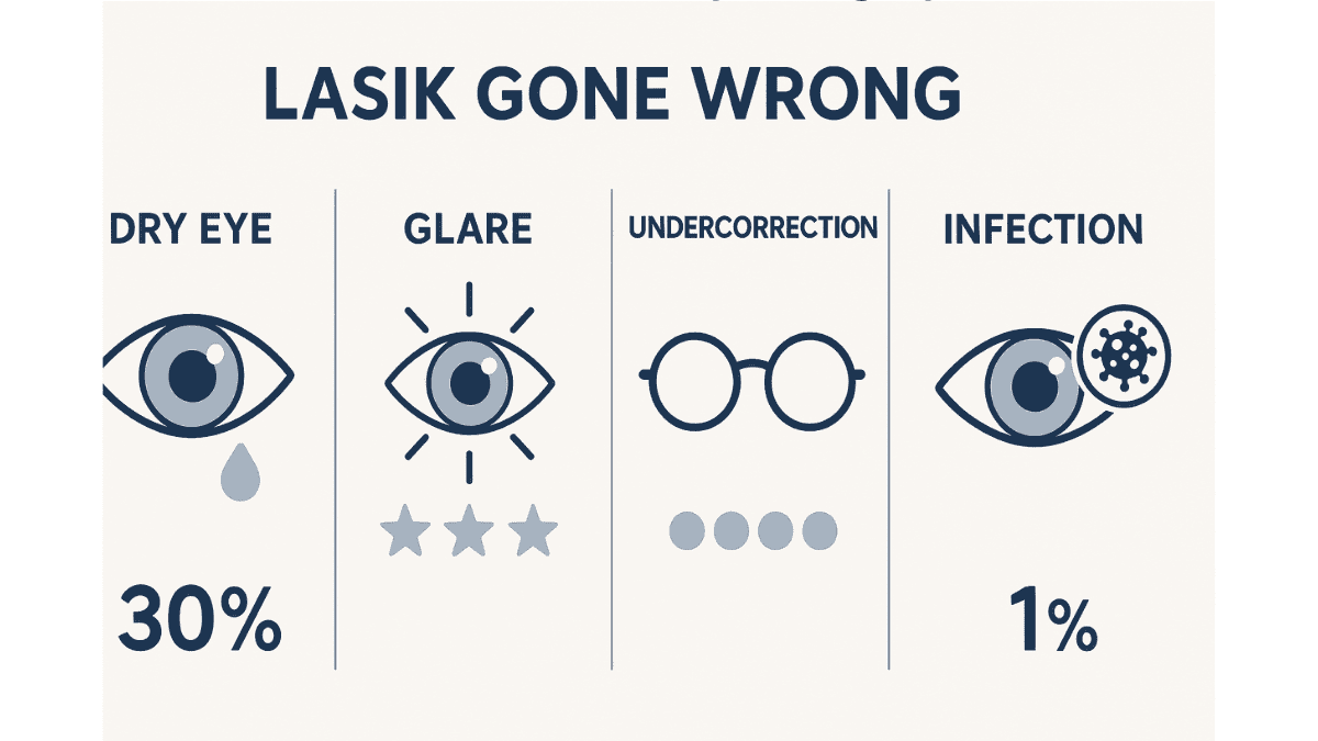 Infographic showing realistic outcomes like glare or dry eye labeled by severity and frequency.