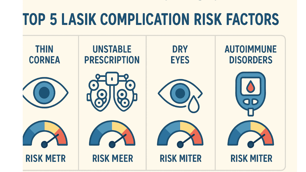 Chart showing top LASIK risk factors with severity indicators like unstable vision or autoimmune disease.