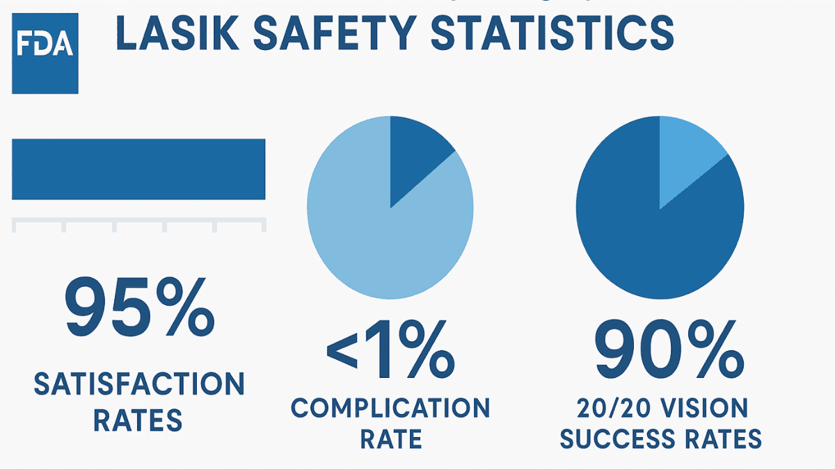 Infographic showing LASIK safety stats including FDA approval, patient satisfaction, and complication rates.