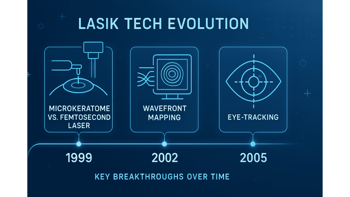 Timeline showing evolution of LASIK tools including femtosecond lasers and wavefront mapping.