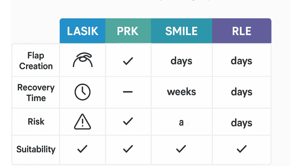 Comparison chart of LASIK vs PRK vs SMILE vs RLE eye surgeries showing key differences.