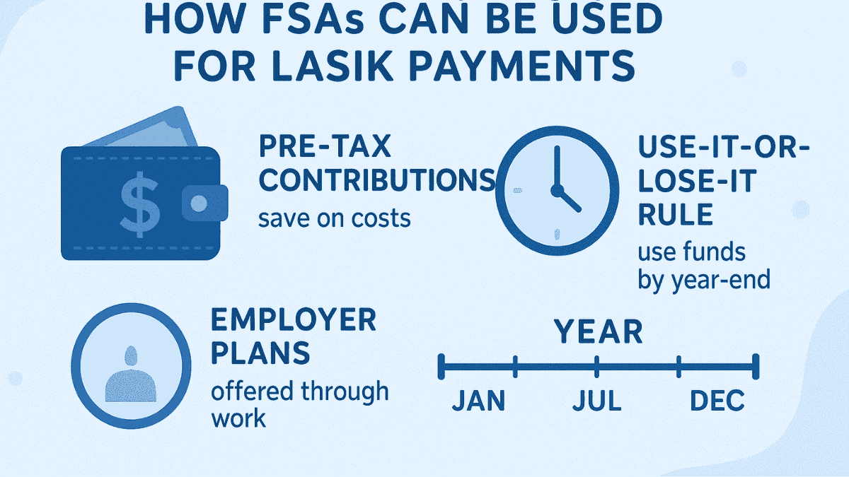 Infographic explaining how FSAs work for LASIK surgery, including contribution timing and yearly expiration rules.