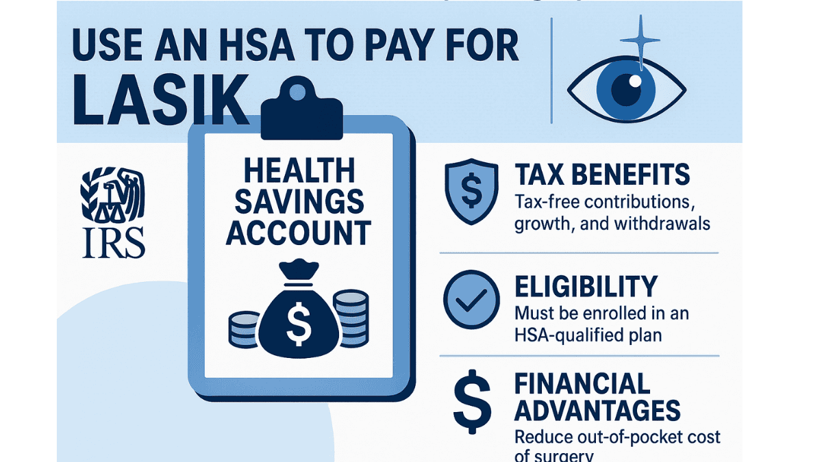 Infographic showing how Health Savings Accounts (HSAs) offer tax-free payments for LASIK, with details on eligibility, contribution limits, and rollover benefits.