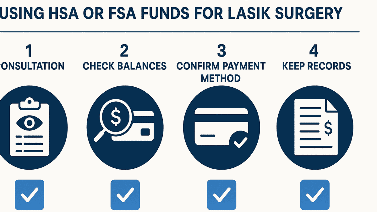 Side-by-side visual comparing HSA and FSA for LASIK: portability, rollover, eligibility, and tax benefits.