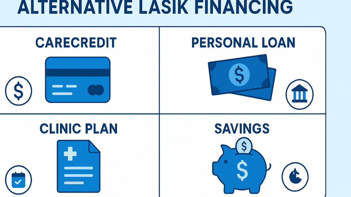 Visual guide showing alternative LASIK payment methods including credit cards, CareCredit, personal loans, and cash savings.