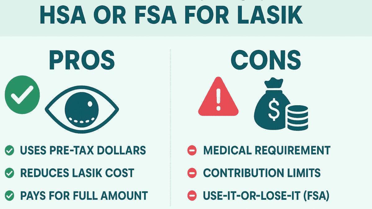Comparison graphic listing pros and cons of using HSA or FSA to fund LASIK, including tax savings and account limitations.