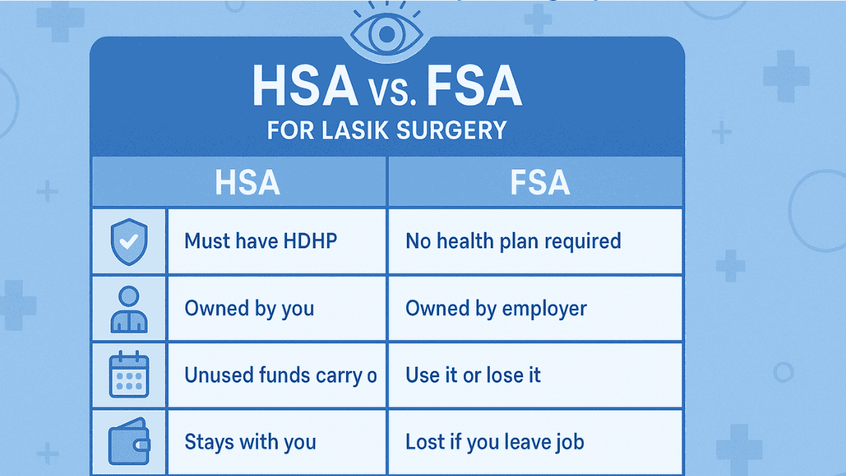 Infographic with checklist showing how to plan and use HSA or FSA funds for LASIK, from consultation to payment.