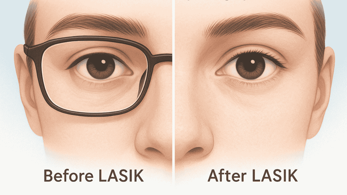Does LASIK make your eyes bigger? Realistic depiction comparing eye visibility before and after LASIK surgery without glasses.