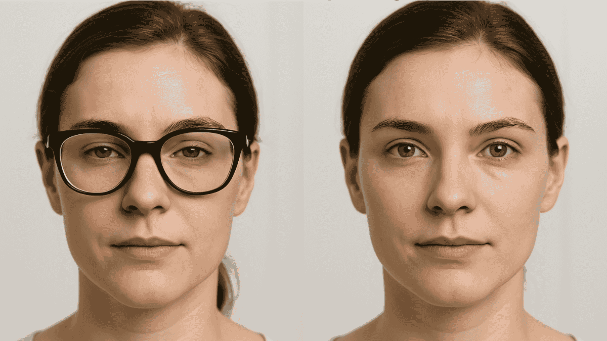 Side-by-side comparison of facial aesthetics with and without glasses after LASIK