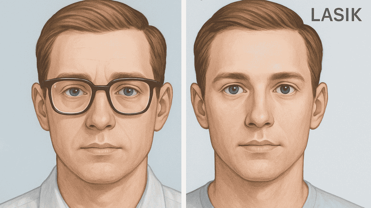 Illustration showing how eyes may appear larger after LASIK due to no glasses