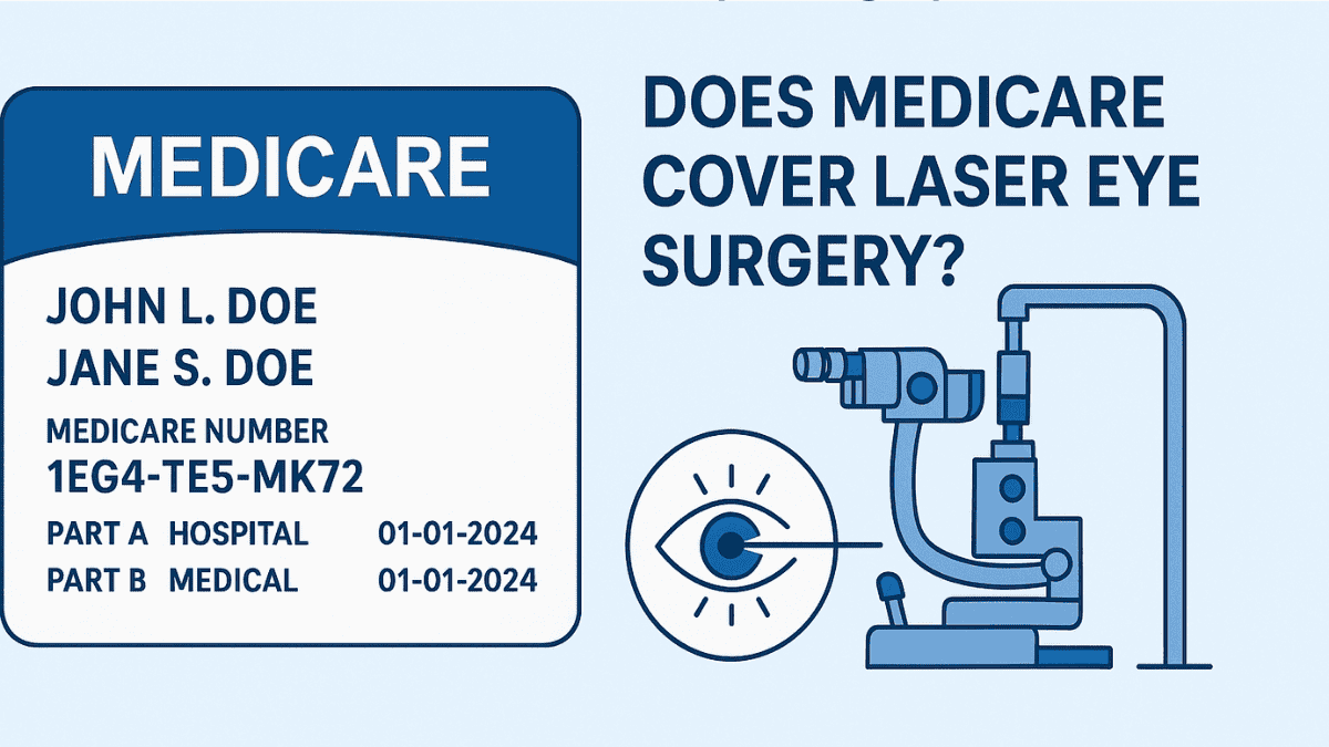Infographic illustrating the question: Does Medicare Cover Laser Eye Surgery, with visual elements showing Medicare card and laser eye equipment.