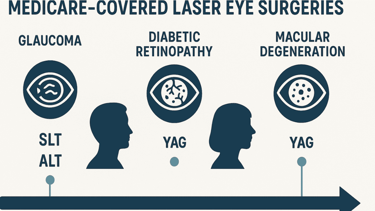 Timeline infographic showing medically necessary laser eye surgeries covered by Medicare including SLT and YAG.