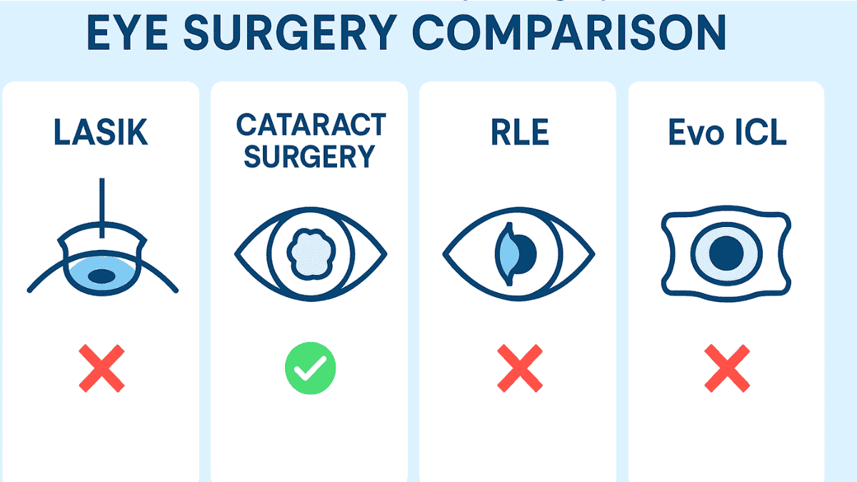 Comparison infographic showing LASIK alternatives like cataract surgery and their Medicare coverage status.
