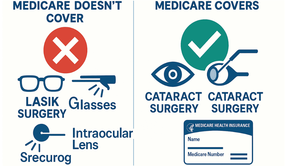 Infographic comparing LASIK and cataract surgeries, highlighting Medicare coverage differences with checkmark and cross icons.