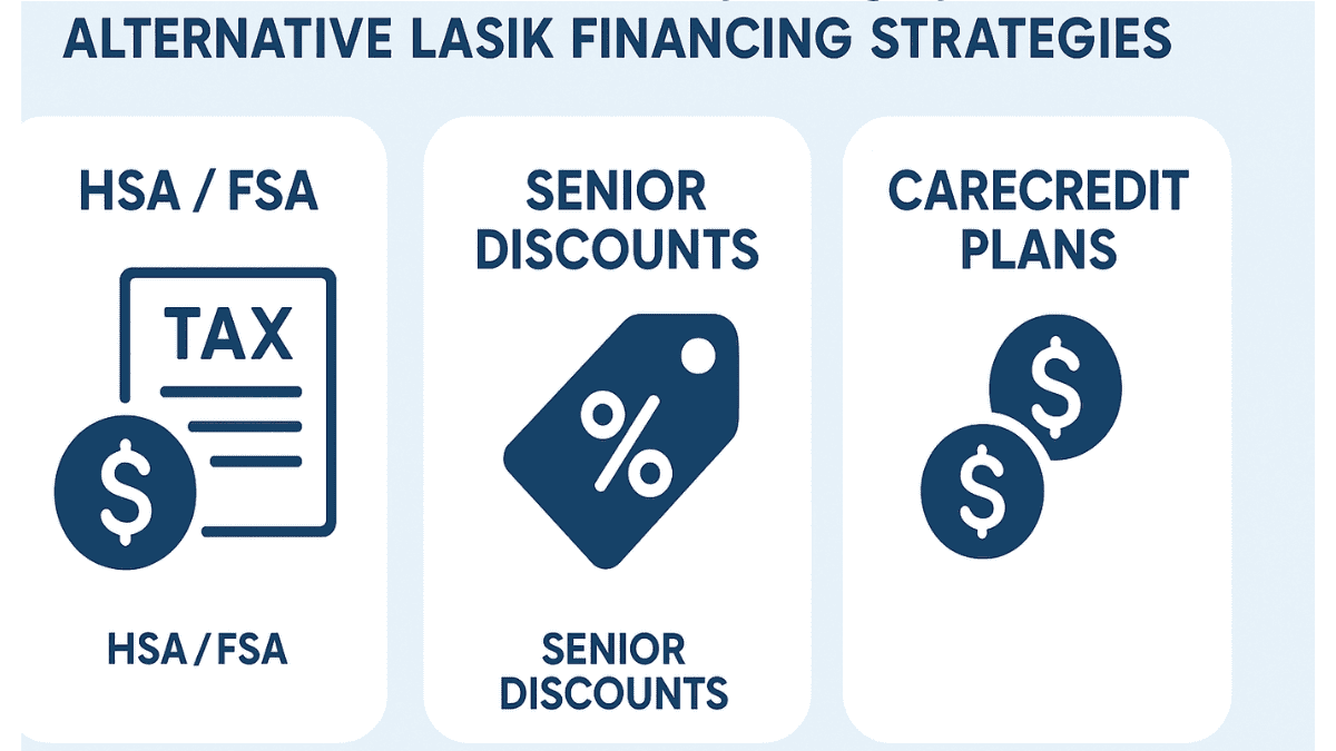Infographic listing ways to reduce LASIK surgery cost for Medicare patients including HSA, FSA, and discount plans.